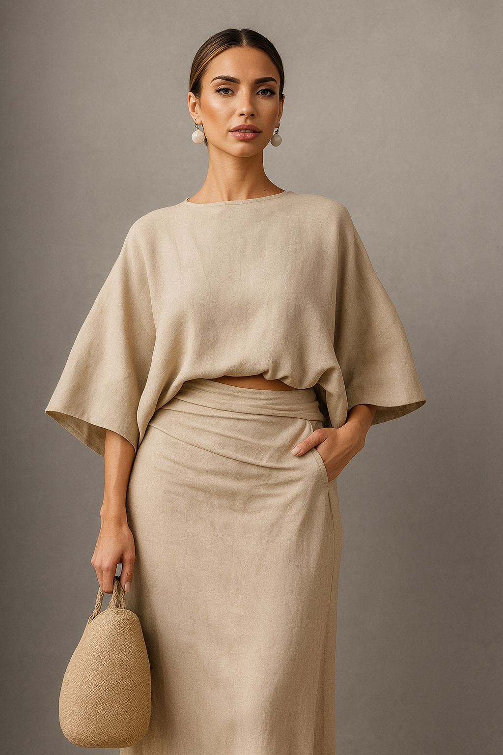 Carolina | Juego de falda de manga larga de dos piezas en algodón y lino