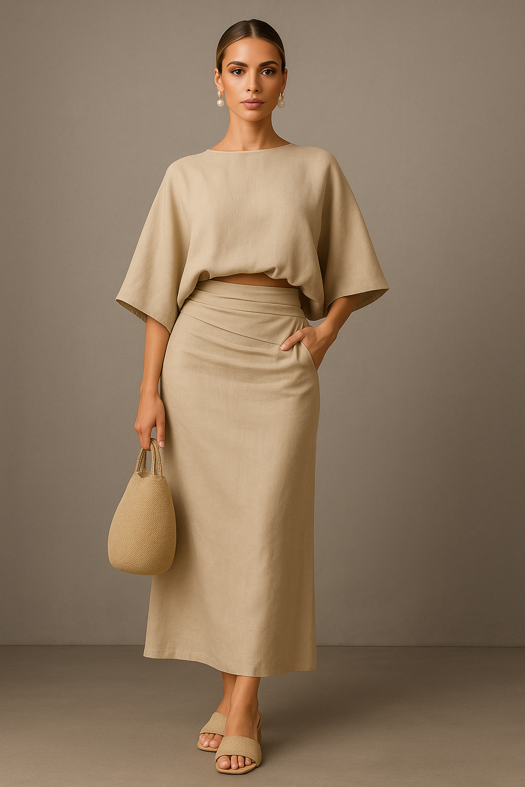 Carolina | Juego de falda de manga larga de dos piezas en algodón y lino