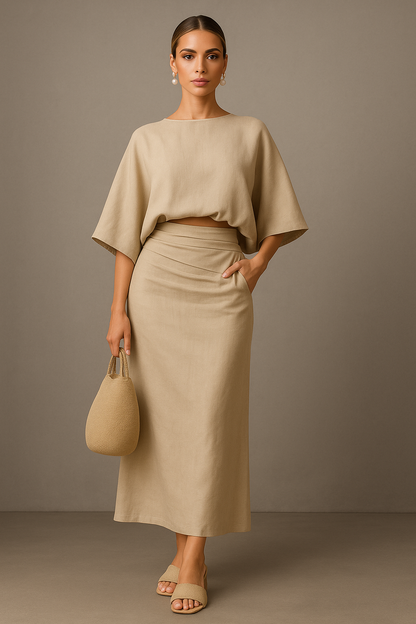 Carolina | Juego de falda de manga larga de dos piezas en algodón y lino